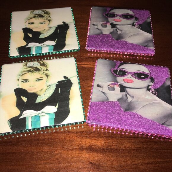 Set of 2 Coasters, Audrey Hepburn Drinking Coasters, Barware, Celebrity, Icon, - Picture 4 of 4